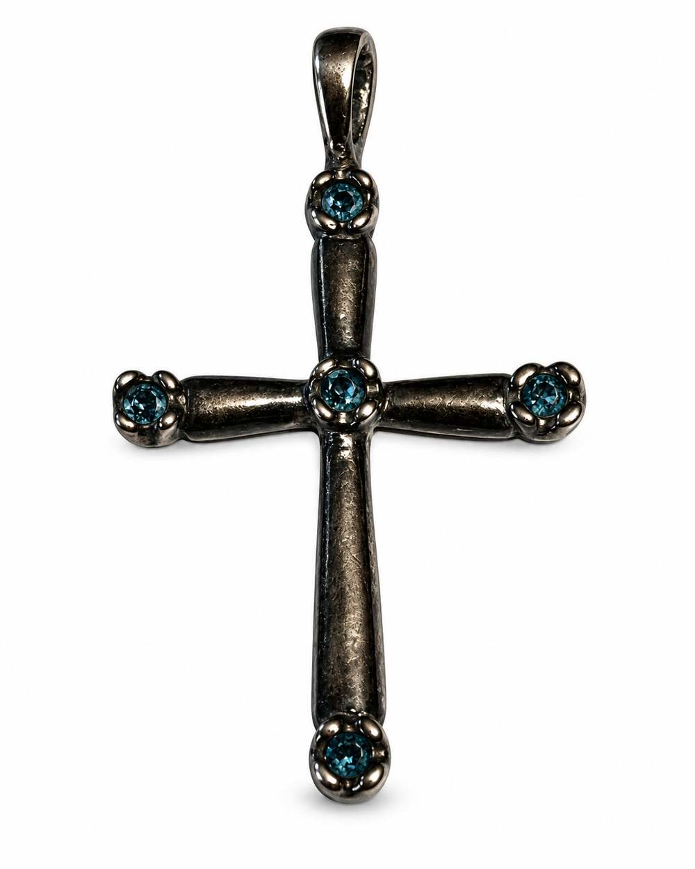 Vintage Sterling Silver Blue Topaz Cross Pendant 1.5" Italy